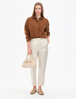Kahverengi Oversize Uzun Kollu %100 Keten G_mlek