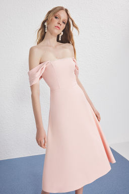 TRENDYOLMILLA Siyah Inci Detayl? Belden Ac?lan Dokuma Midi Elbise TPRSS25EL00287  фото 8