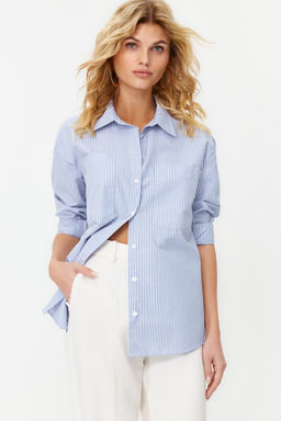 Lacivert Cizgili Oversize Genis Kal?p Dokuma Gomlek TWOAW23GO00359