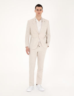 Bej Slim Fit Keten Kar___ml_ _izgili Tak_m Elbise