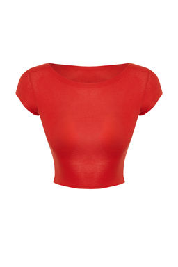 K?rm?z? Bisiklet Yaka Ay Kol Crop Orme Bluz TWOSS24BZ00446