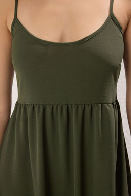 Haki Duz Etegi Belden Ac?lan Midi Dokuma Elbise TWOSS22EL1837