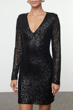 Trendyolmilla Siyah Vucuda Oturan Payet Orme K?sa S?k Abiye Gece Mezuniyet Elbisesi TPRAW25EL00140 фото 5