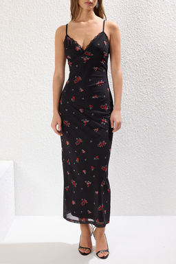 TRENDYOLMILLA Cok Renkli Cicekli Tul Dantel Detayl? Maxi Fitted/Vucuda Oturan Tul Orme Elbise TWOSS25EL00108  фото 3