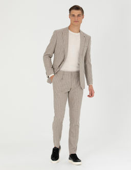 Бежевая классическая куртка приталенного кроя из шерсти и кашемира в полоску - Cacharel фото 4