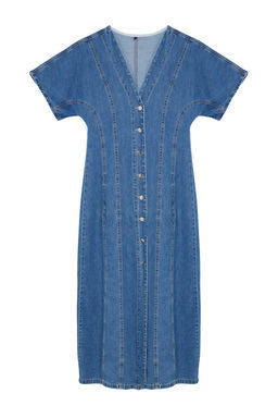Mavi Dikis Detayl? V Yaka Maxi Denim Elbise TWOAW25EL00088 - Trendyolmilla фото 6