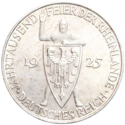 5 рейхсмарок 1925 года D Германия Тысячелетие Рейнской области (Рейнланда)