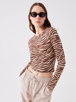 Bisiklet Yaka Bask?l? Uzun Kollu Kad?n Crop