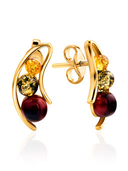 Яркие серьги-гвоздики с янтарём разных цветов Горошек