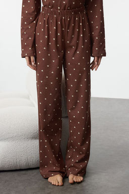 Kahverengi %100 Pamuklu Puantiye ve Kalpli Orme Pijama Tak?m? THMAW25PT00039