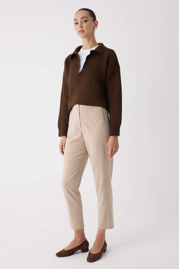 Bej Cigarette Kal?p Pensli Yuksek Bel Bilek Boy Dokuma Pantolon TWOAW26PL00014