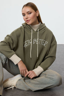 Haki Kal?n Ici Polarl? Triko Bant Detayl? Kapusonlu Orme Sweatshirt TWOAW22SW1806