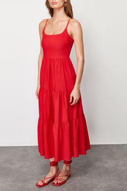 TRENDYOLMILLA K?rm?z? Etegi Belden Ac?lan Pamuk Kar?s?ml? Maxi Dokuma Elbise TWOSS24EL00386  фото 14