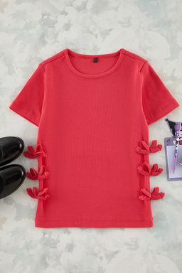 Sar? K?z Cocuk Pamuklu Regular Kal?p Fiyonk Detayl? K?sa Kol Orme T-Shirt TKDSS25TS00048 - Trendyolmilla фото 2