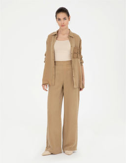 Bej Cupro Dokulu Wide Leg Pantolon
