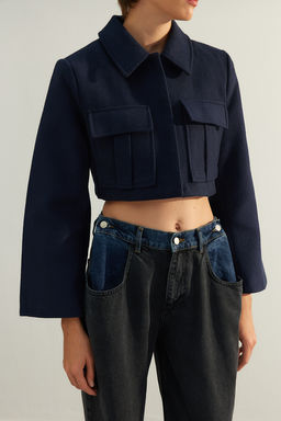 Limited Edition Lacivert Fitted Crop Dokuma Ceket TWOAW24CE00123 - Trendyolmilla фото 4
