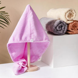 Чалма для сушки волос Доляна, микрофибра, с пуговкой, розовая