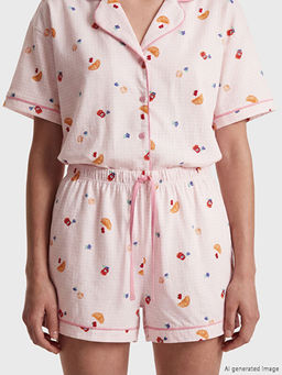 G?mlek Yaka Bask?l? Kad?n ?ortlu Pijama Tak?m?