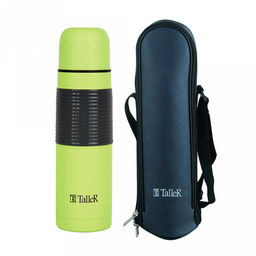 Термос из нержавеющей стали с узкой горловиной 0,5л Лестер д6,9см, h24,6см, горло д4,4см, кнопочный механизм, узкое горлышко, автостоппер, защита от проливания, завинчивающаяся крышка-стакан, силиконовый протектор, покрытие - салатовый глянец, чехо