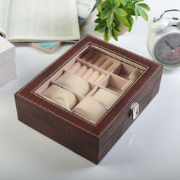 Шкатулка кожзам под часы 6 отделений и бижутерию Кофейный питон матовая 7,7х20х25,5 см