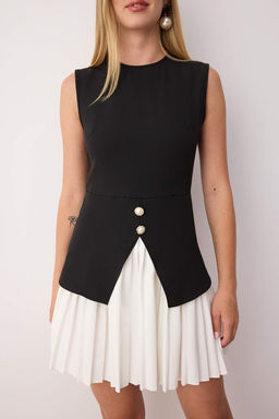 Siyah Renk Bloklu Pilise ve Dugme Detayl? K?sa Dokuma Elbise TWOSS25EL00861 - Trendyolmilla фото 3