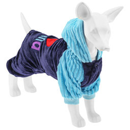 Пэт тойс (Pet toys) Одежда для собаки Комбинезон I Mama/Papa с капюшоном, с принтом, на кнопках, р-р L 38-42см, длина спинки 30см/обхват груди 42см/обхват шеи 32см, цвет-синий с голубым, плюш (100% полиэстер) (Китай)