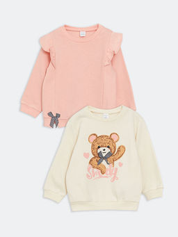 Bisiklet Yaka Bask?l? K?z Bebek Sweatshirt 2li