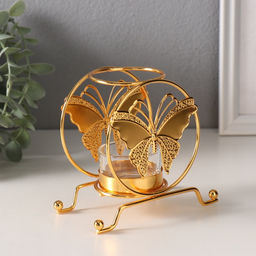 Подсвечник на 1 свечу Бабочка в круге, d=4.5 см, под золото, 6.2?11.2?10.5 см