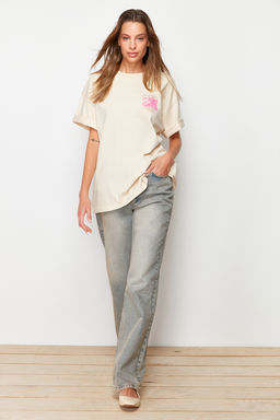 Premium Tas %100 Kal?n Pamuklu On ve Arka Bask?l? Oversize/Genis Kal?p Orme T-Shirt TWOSS23TS00269