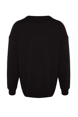 Siyah Premium Bisiklet Yaka Oversize/Genis Kesim Yaz? Nak?sl? Sardonsuz Sweatshirt TMNAW24SW00039