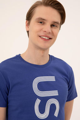 Erkek Mavi Bisiklet Yaka T-Shirt