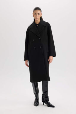 Oversize Genis Kal?p Ceket Yaka Dugmeli Uzun Kase Kaban - Defacto фото 2