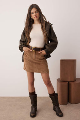 Kahverengi Kalem Fitilli Kadife Dokuma Mini Etek TWOAW26ET00053
