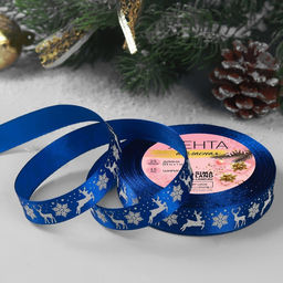 Лента атласная Олени, 15 мм, 231 м, синяя