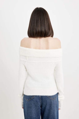 Базовый трикотажный свитер приталенного силуэта с открытыми плечами - Defacto фото 6