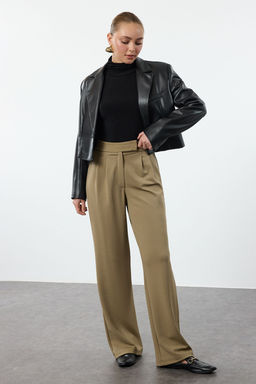 Koyu Haki C?rt C?rt Kapamal? Yuksek Bel Pileli Wide Leg/Genis Kesim Pantolon TWOAW24PL00177