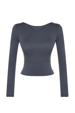 Antrasit Pamuklu S?rt Dekolteli Fitted/Vucuda Oturan Esnek Bluz TWOAW24BZ00160