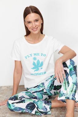 Trendyolmilla Beyaz-Cok Renkli %100 Pamuklu Cicekli Orme Pijama Tak?m? THMSS24PT00322