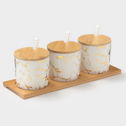 Банки с ложками на деревянной подставке Эстет. Gold, набор 3 шт.: 300 мл, керамика, белые - Simaland фото 7