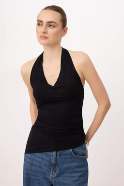 Siyah Fitted/Vucuda Oturan Boyundan Baglamal? Kolsuz Yumusak Orme Bluz TWOSS26BZ00361