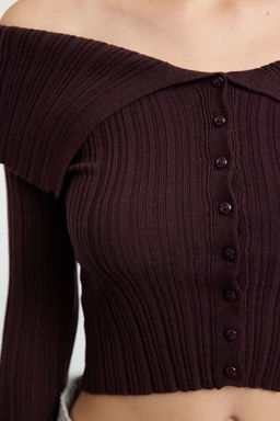 Koyu Kahverengi Crop Premium Iplik/Ozel Iplik Fitted/Vucudu Saran Triko H?rka TWOAW25HI00095