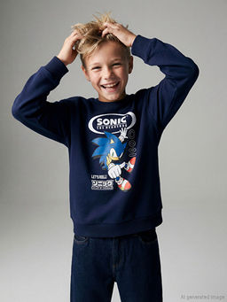 Sonic Bask?l? Erkek ?ocuk Kal?n Sweatshirt