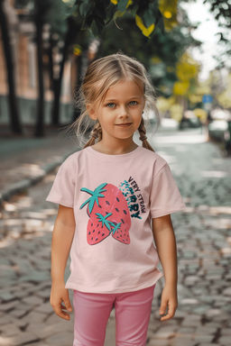 Pembe K?z Cocuk %100 Pamuk Cilek Desenli Regular/Normal Kal?p K?sa Kol Orme T-Shirt TKDSS24TS00007