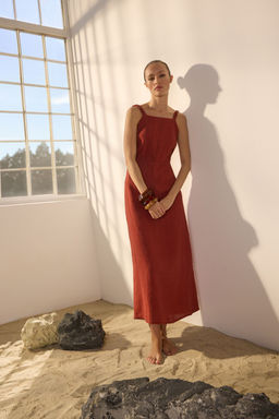 Trendyolmilla Kiremit %100 Keten S?rt Detayl? Maxi Elbise TWOSS25EL00637