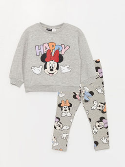 Bisiklet Yaka Minnie Mouse Bask?l? K?z Bebek Sweatshirt ve Tayt 2li