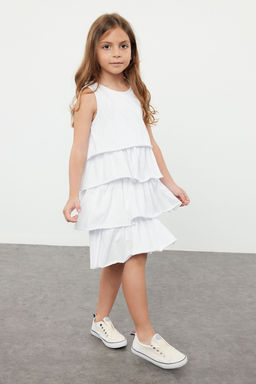 Beyaz K?z Cocuk F?rf?rl? Pamuklu Kolsuz Bisiklet Yaka Bayraml?k Orme Elbise TKDSS24EL00001
