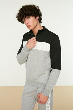 Siyah Slim/Dar Kesim Renk Panelli Uzun Kollu Hakim Yaka Fermuarl? Sardonsuz Sweatshirt TMNAW20SW0129 - Trendyolmilla фото 3