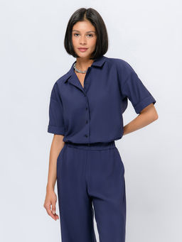 Блуза темно-синего цвета укороченная с короткими рукавами на пуговицах - 1001dress фото 2