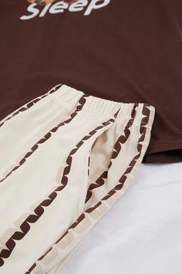 Kahverengi Regular Fit Ay?c?k Bask?l? Pamuklu Pijama Tak?m? TMNSS26PT00017 - Trendyolmilla фото 2