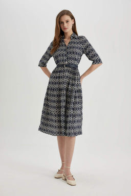 Платье миди с воротником-рубашкой и узором до половины рукава - Defacto фото 3